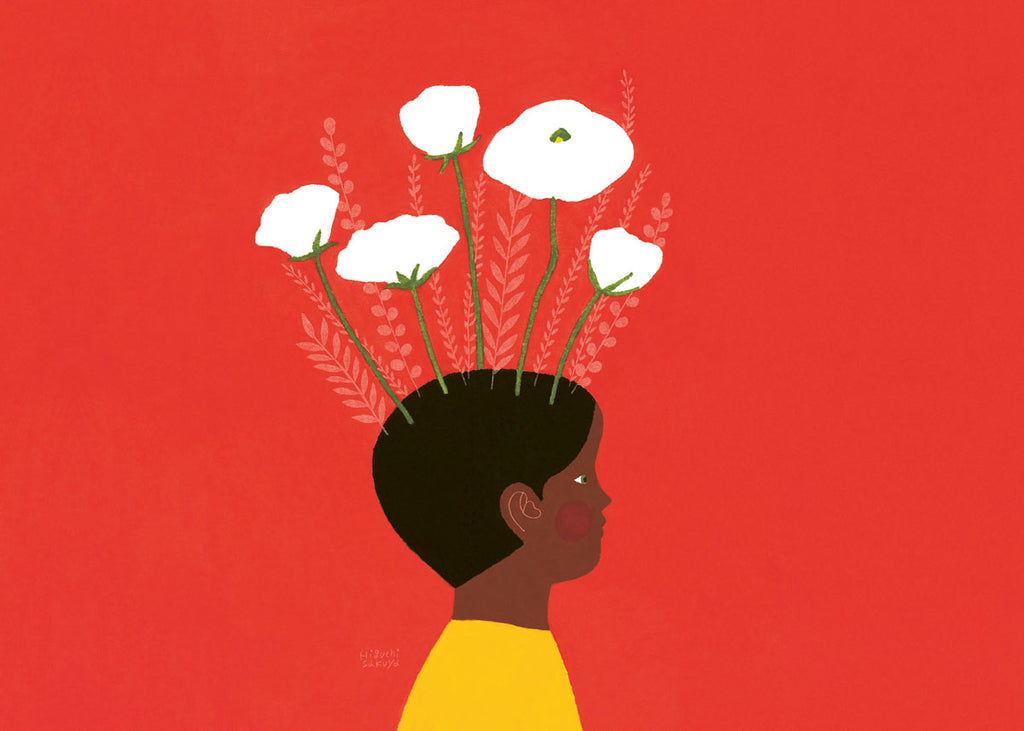 Illustration of a boy with brown skin and black hair wearing a yellow tshirt with white flowers growing out the top of his head.