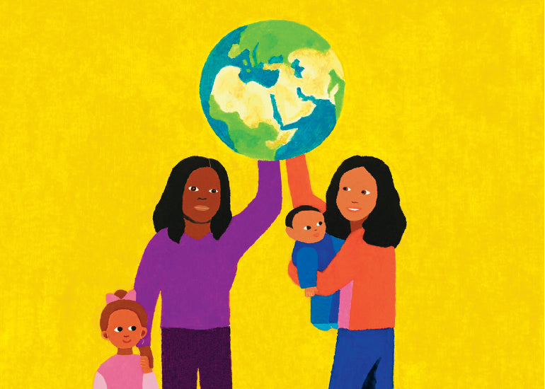An image of two mums holding up a globe of the world while also holding children