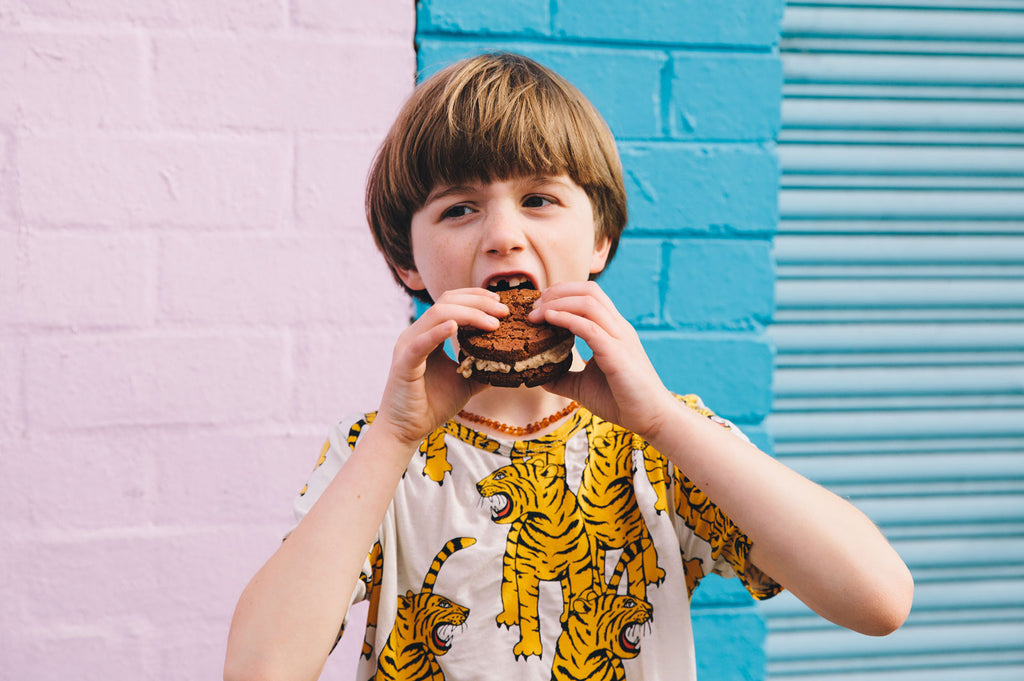 A young boy in a tiger-print T-shirt holding a chocolate chip ice cream sandwich for Lunch Lady Magazine