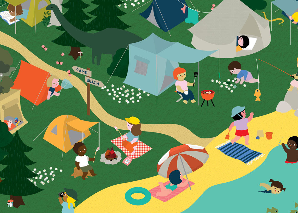 illustration of a campground by the beach. Boredom busters for kids by beci orpin for lunch lady magazine
