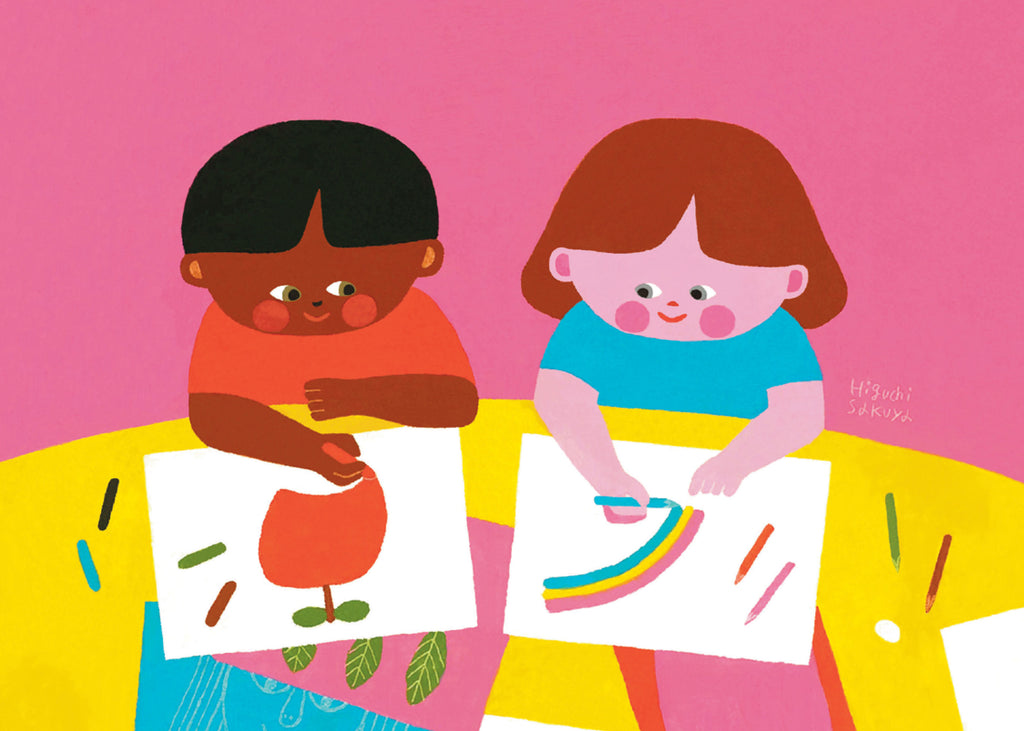 Illustration of two kids drawing pictures for Lunch Lady Magazine