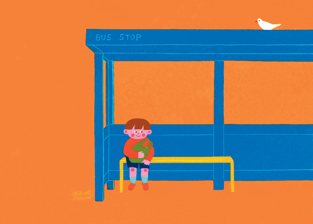 Illustration of a boy waiting for a bus alone Lunch Lady Magazine kids resillence free-range childhoods