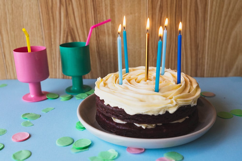 photo of an allergy-friendly birthday cake with candles for lunch lady magazine