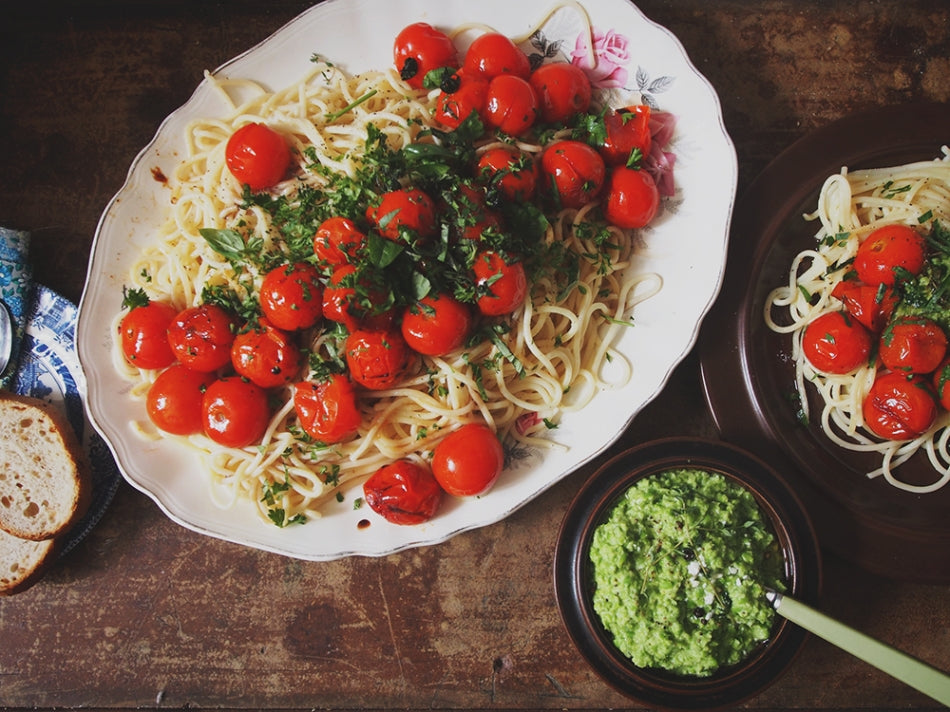 Spaghetti with Roasted Tomatoes and Pea & Goats Cheese Pesto