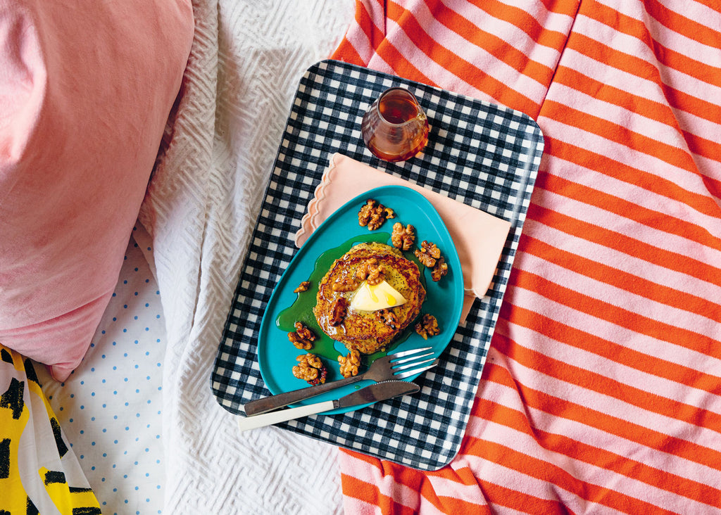 aerial photo of pancakes on a tray in bed for Lunch Lady feature Brekkie in bed recipes