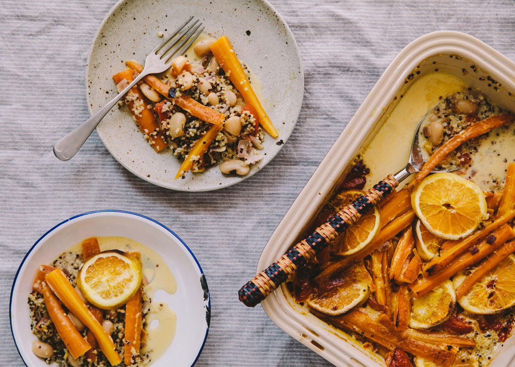 photo pf butterbean and quinoa bake in a tray and on plates for lunch lady magazine