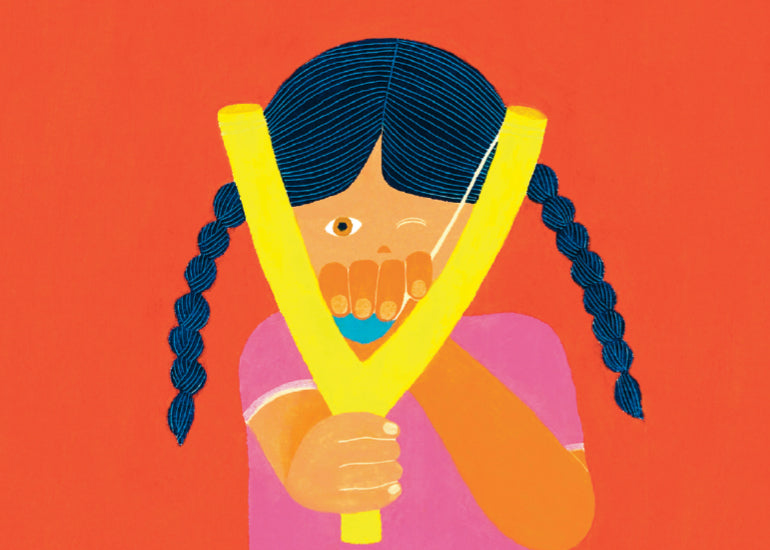 A girl holds a slingshot. She is doing dangerous things kids should do.