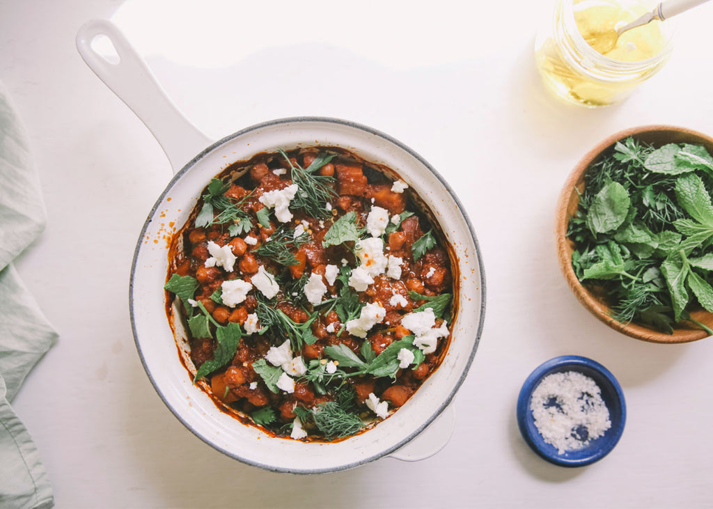 Photo of spiced chickpea stew in a pot for Lunch Lady Magazine