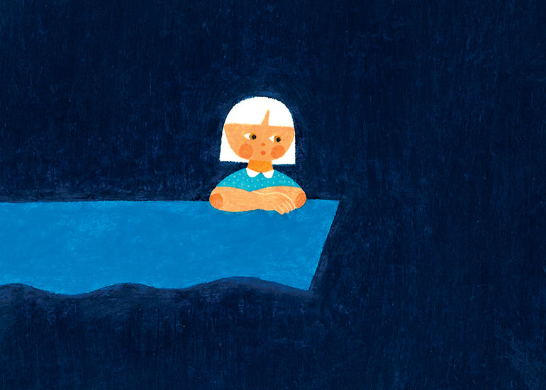 An illustration of a girl with white hair looking anxious in a sea of dark blue for Lunch Lady Magazine