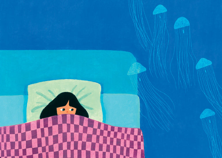 Illustration of a girl in bed with blankets up to her nose. She has night-time fears. Lunch Lady Magazine