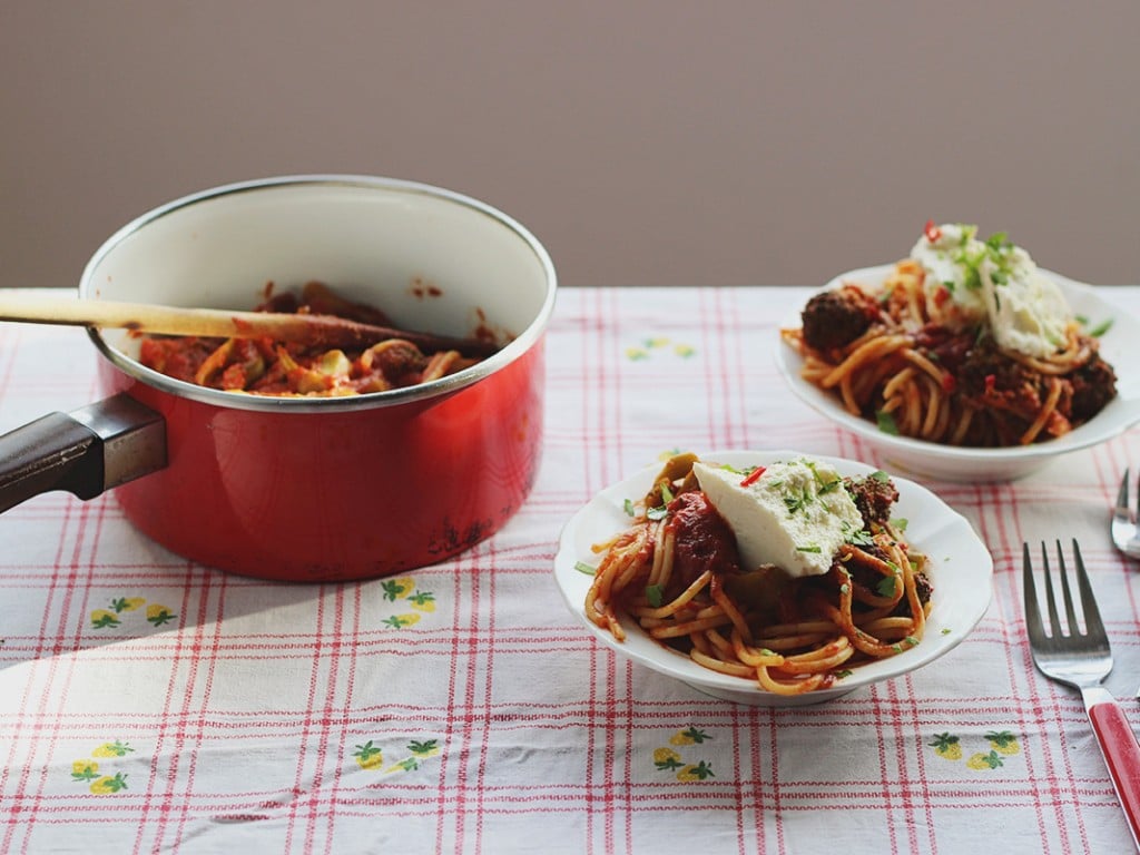 Spaghetti with Tomato, Broccoli, Ricotta + Chilli