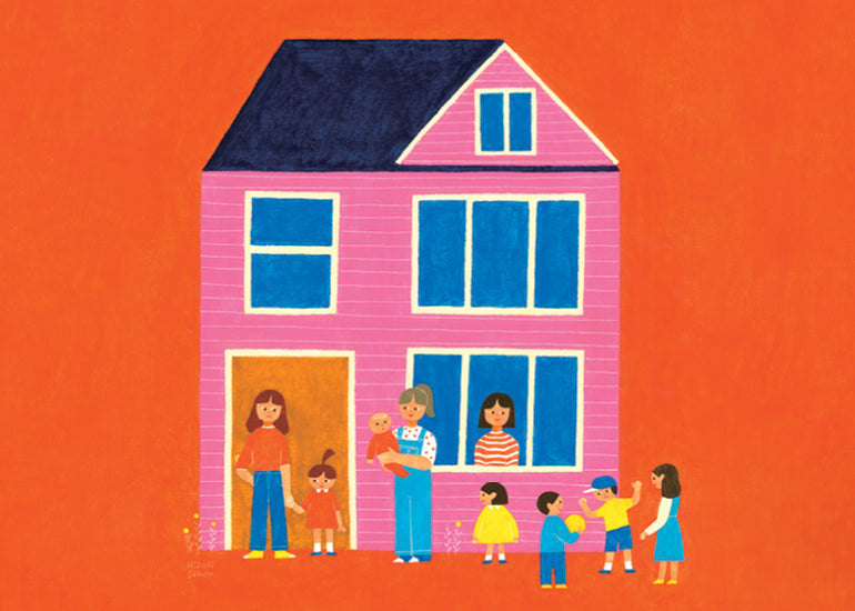 Illustration of a pink house with three mums and six children. They are a single mum commune.