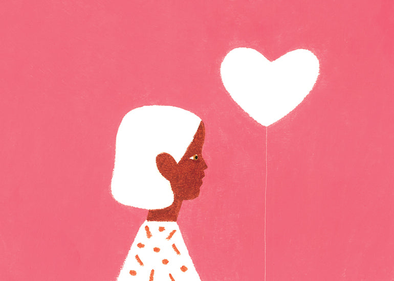 an illustration of a girl with white hair holding a white heart-shaped balloon against a pink background