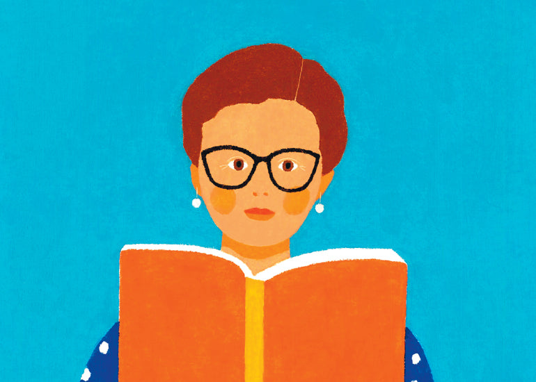 illustration of maggie dent reading a book of parenting advice for lunch lady magazine