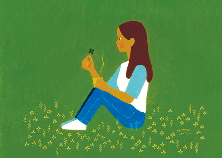 illustration of a minimalist mum sitting with a cup of tea looking at a clover for Lunch Lady Magazine