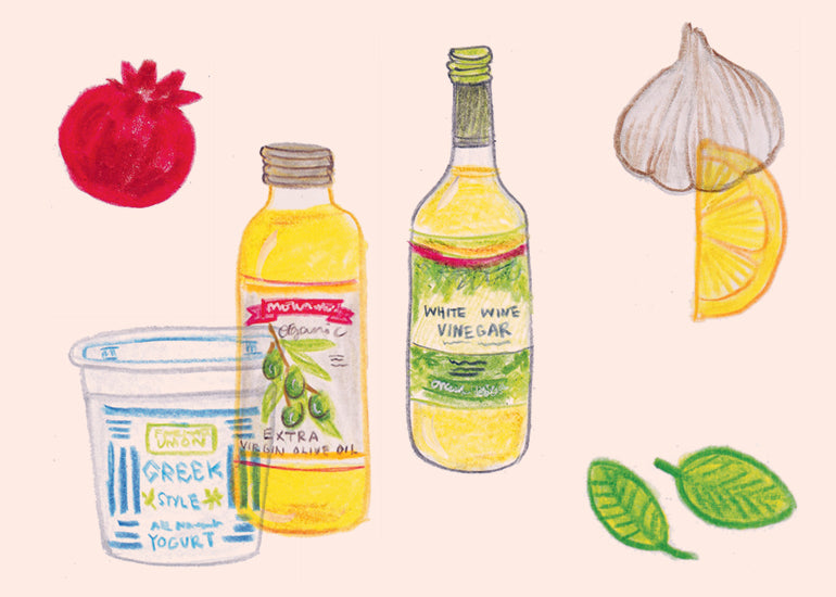 illustration of salad dressing ingredients for Lunch Lady Magazine