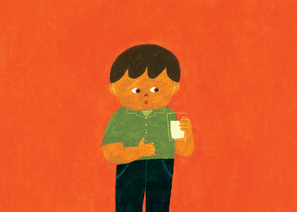 illustration of a boy holding a glass of juice and rubbing his tummy