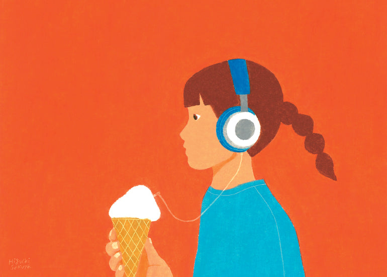 An illustration of a tween girl wearing headphones plugged into an ice cream cone for Lunch Lady magazine